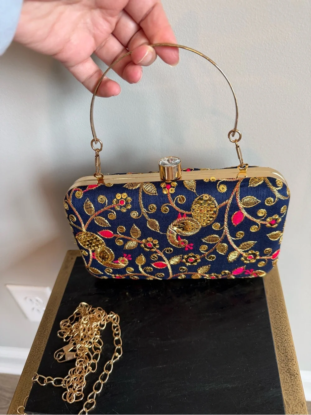 Longing to Buy Handmade Designer Box Clutch Zari Embroidered Navy Gold Floral